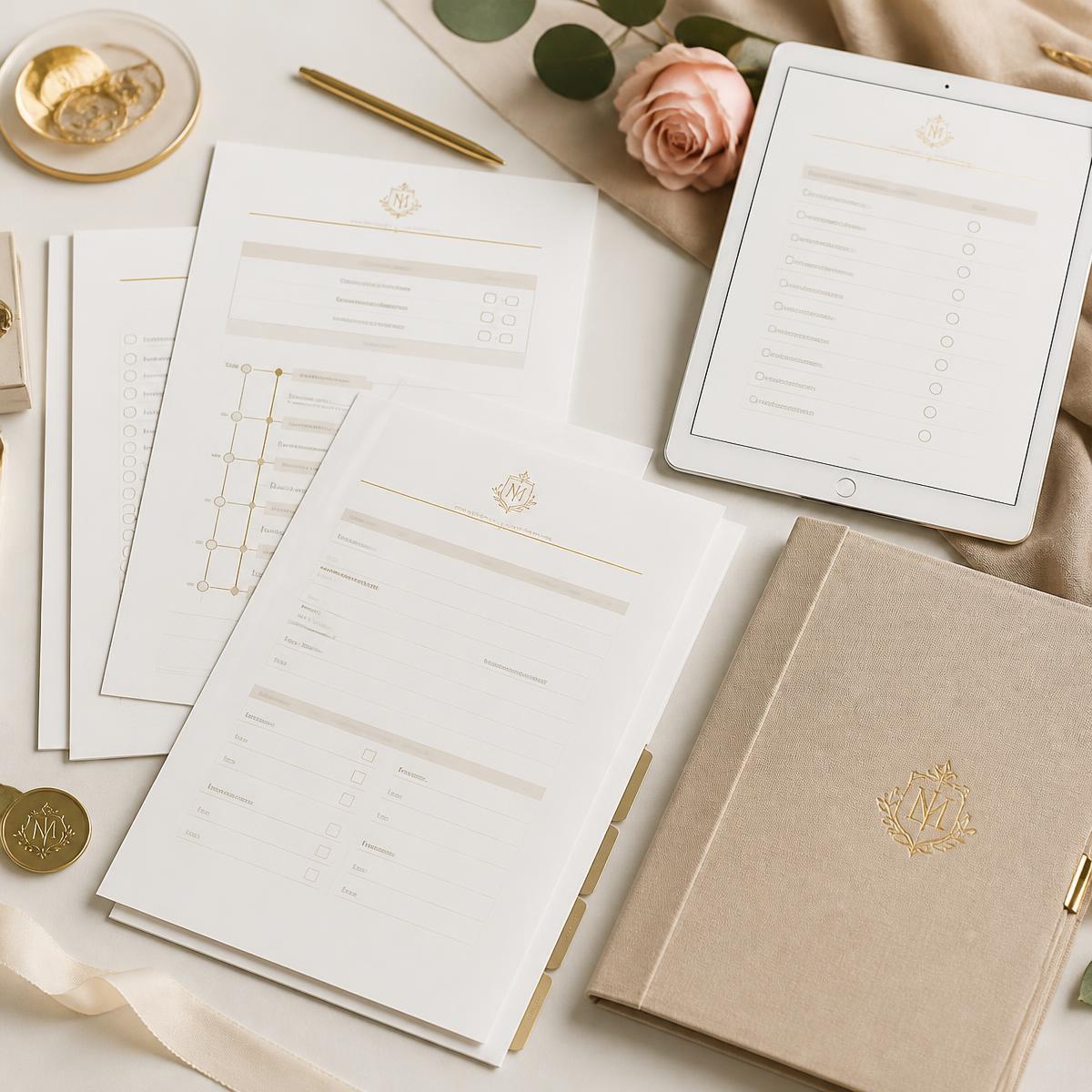 Kit com 30 documentos profissionais para assessoria de casamento: contratos, checklists, cronogramas e formulários